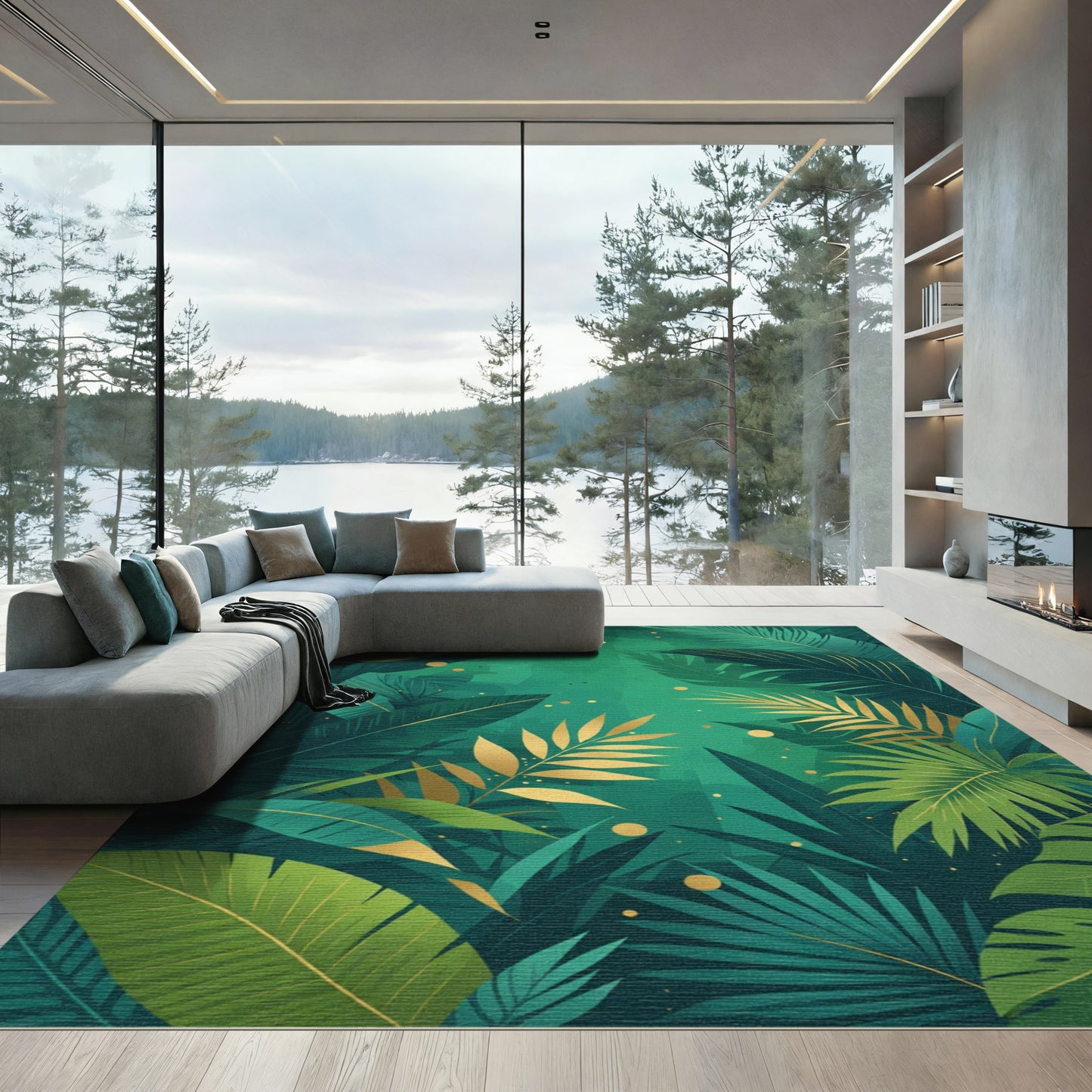 Lush Emerald Gold Tropical Foliage Rug