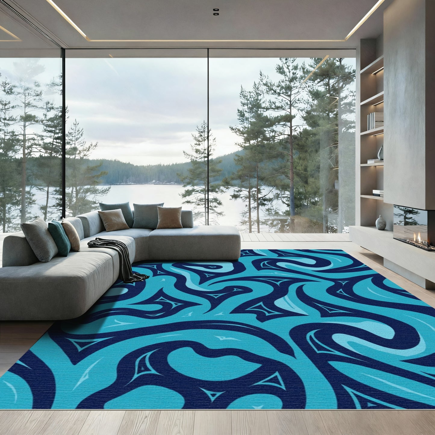 Deep Blue Abstract Swirl Triangles Rug