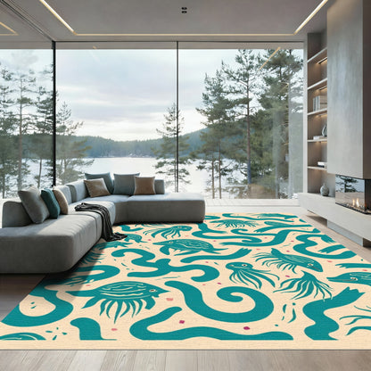 Teal Sea Creatures And Waves Rug