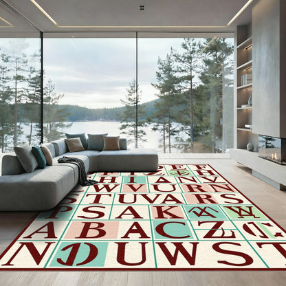 Alphabet Grid Crimson Aqua Squares Rug