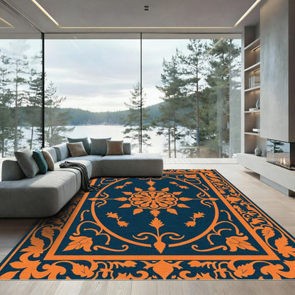 Orange Floral Medallion Navy Rug