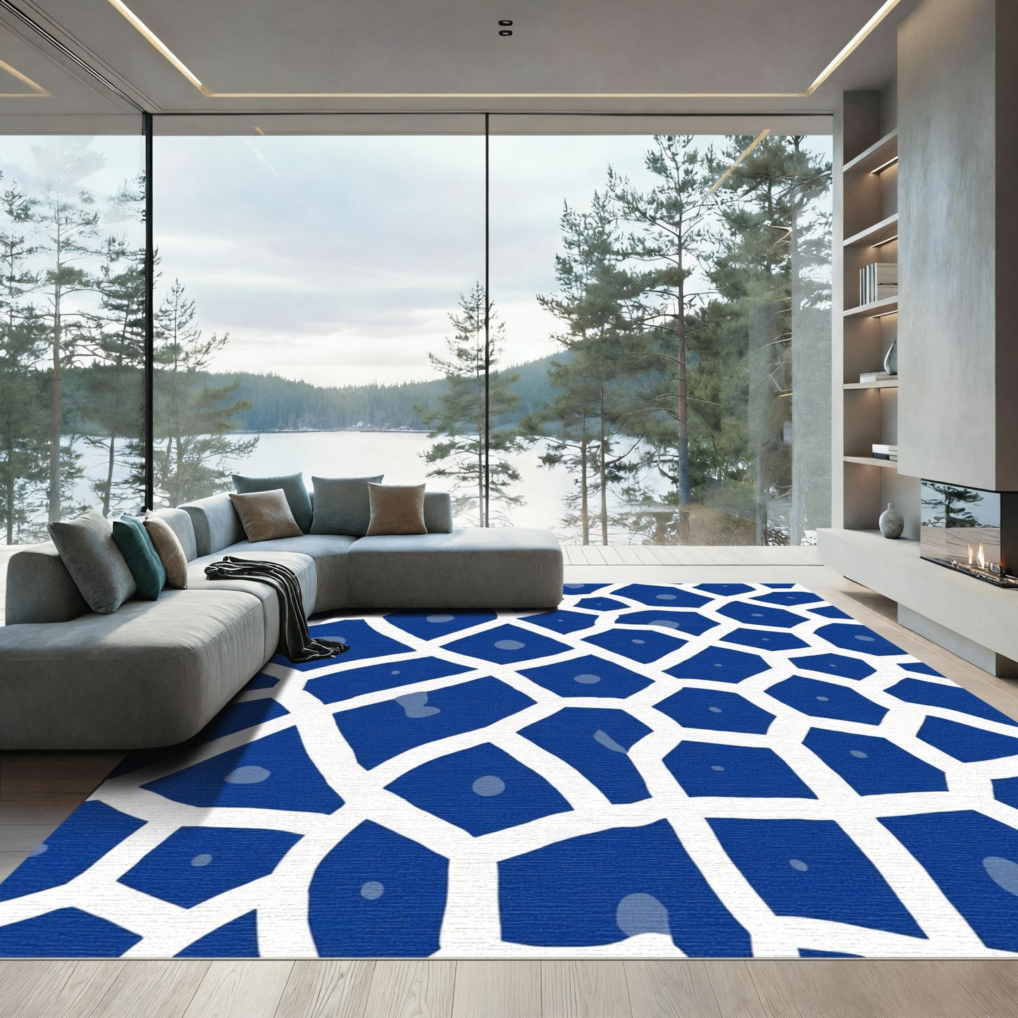 Deep Blue Organic Cell Structure Rug
