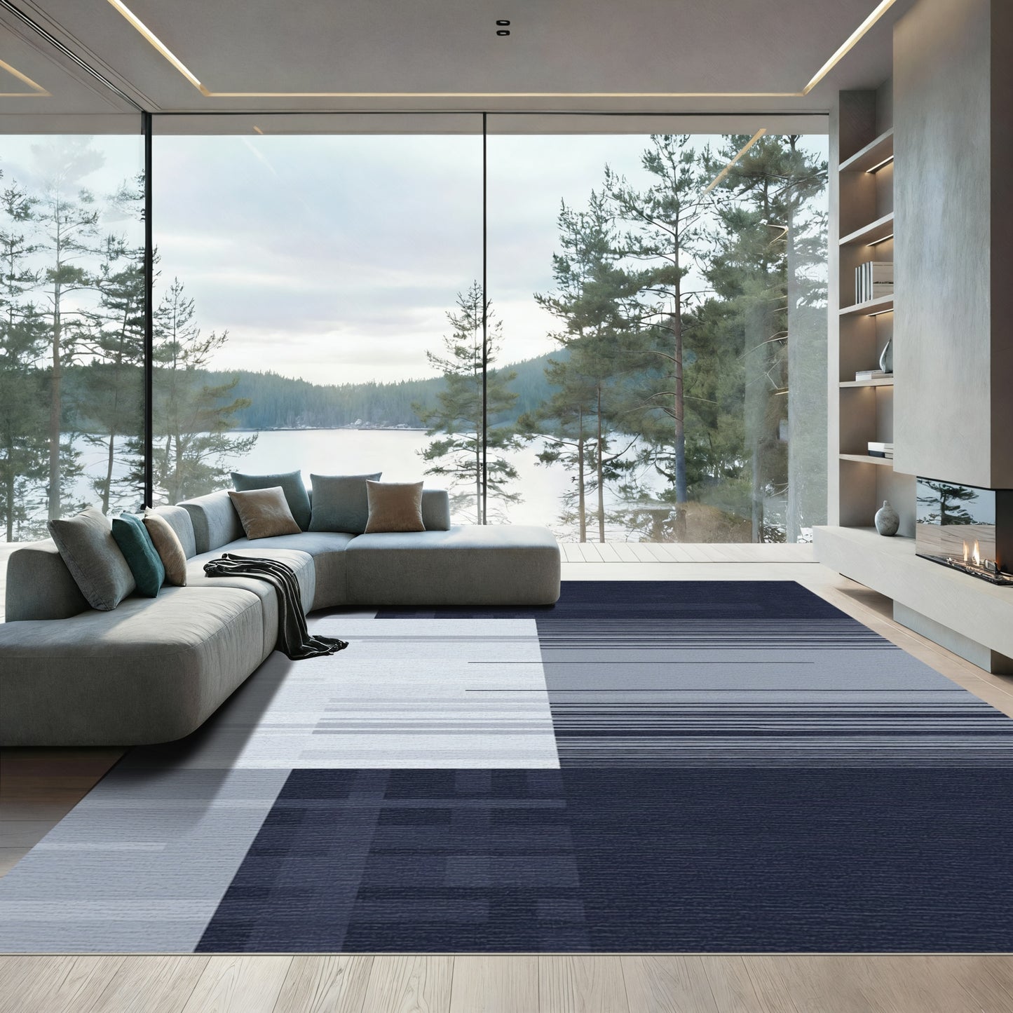Cool Blue Geometric Grid Stripes Rug