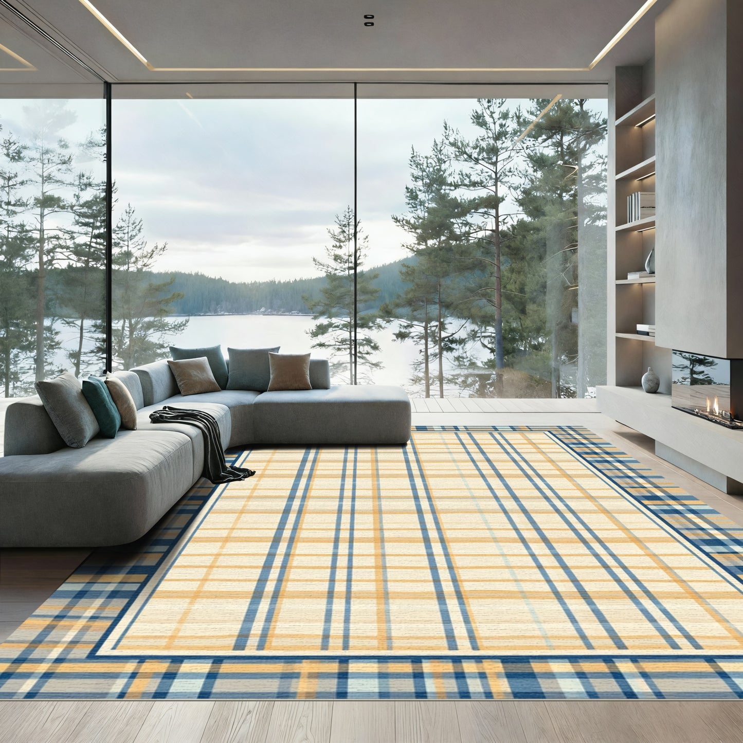 Navy Blue Ochre Plaid Frame Rug