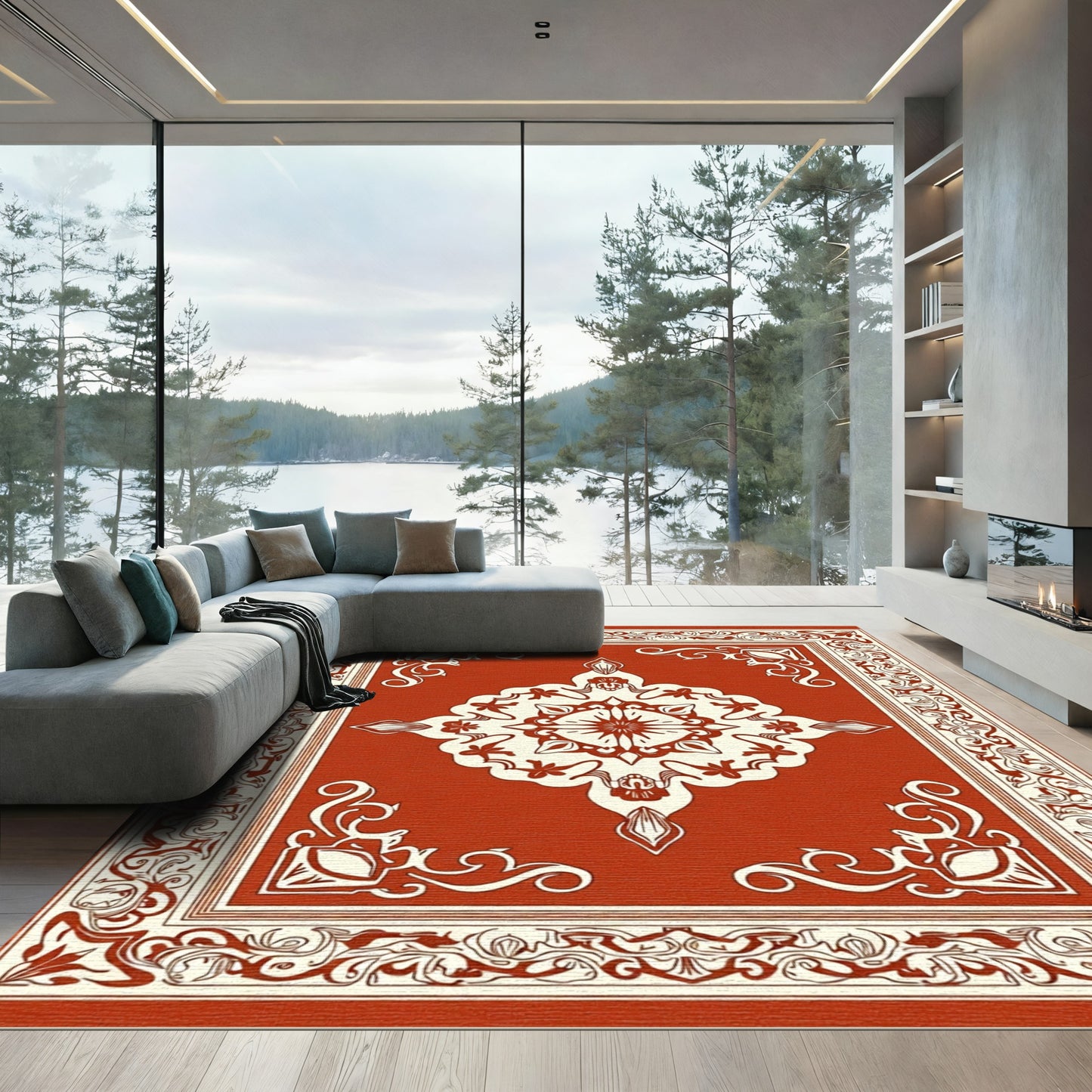 Terracotta Ivory Medallion Floral Border Rug
