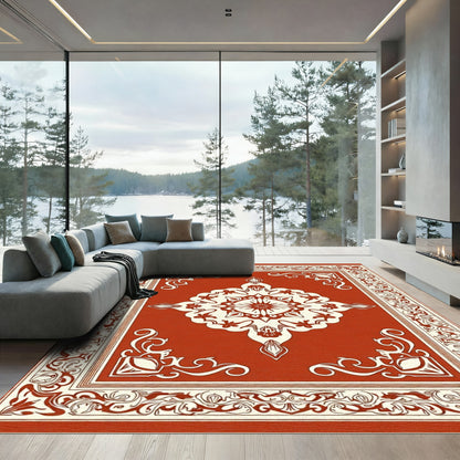 Terracotta Ivory Medallion Floral Border Rug