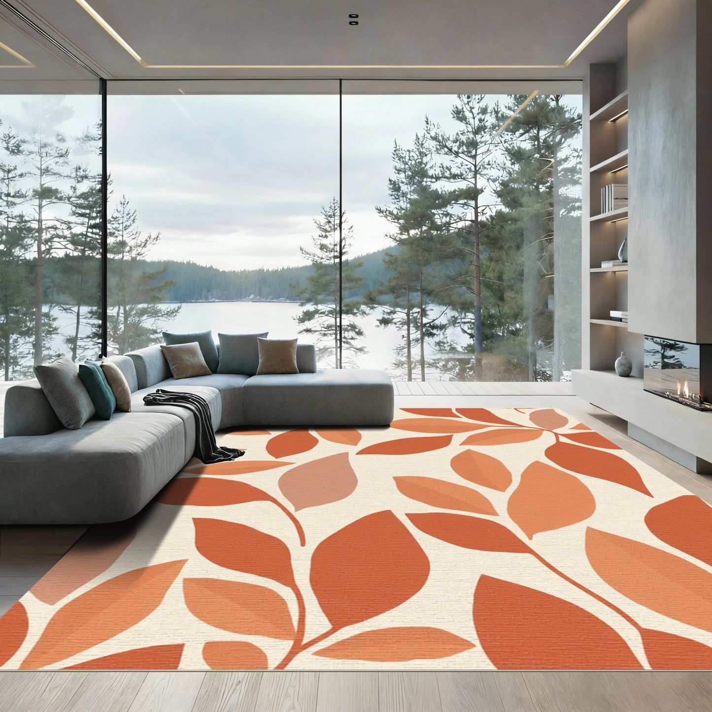 Earthy Terracotta Leaf Branch Art Rug