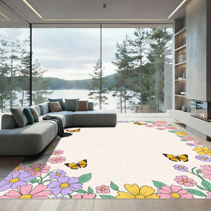 Whimsical Springtime Butterflies Floral Meadow Rug