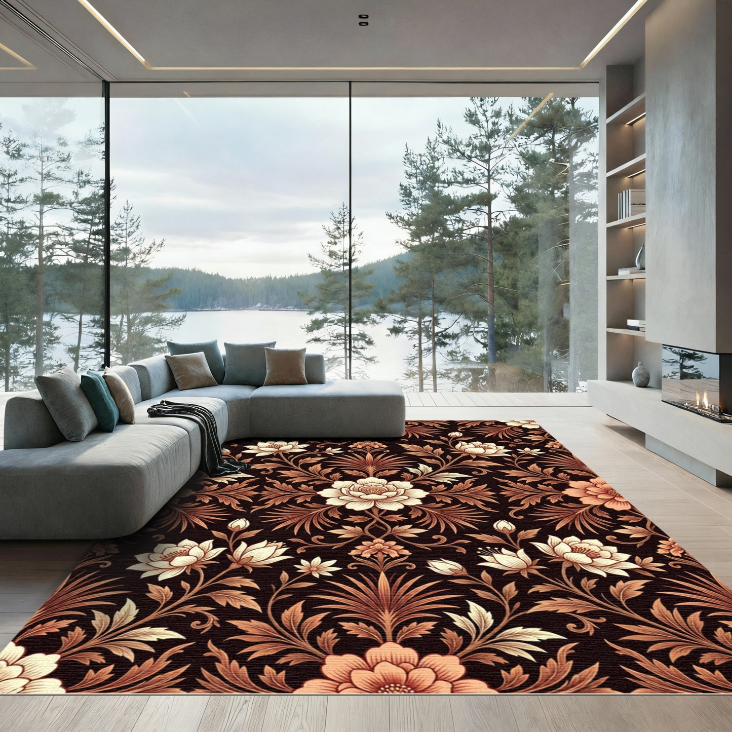 Vintage Copper Floral Damask Botanical Rug