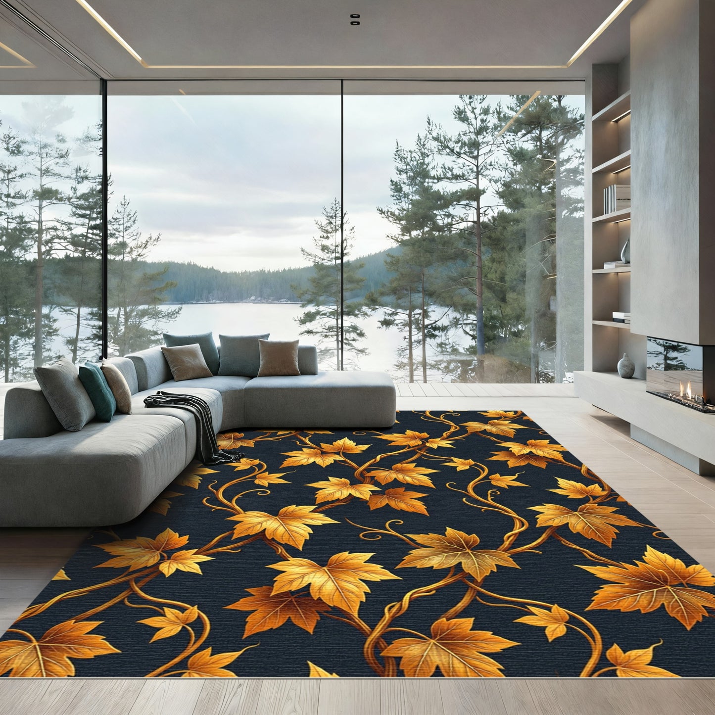 Golden Leaf Vine Dark Background Rug