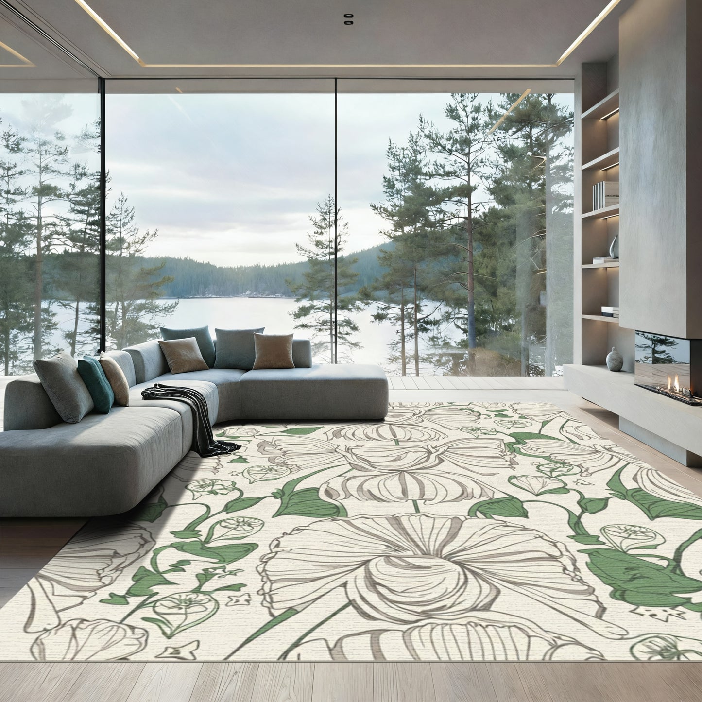Cream Green Floral Botanical Vine Rug
