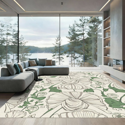 Cream Green Floral Botanical Vine Rug