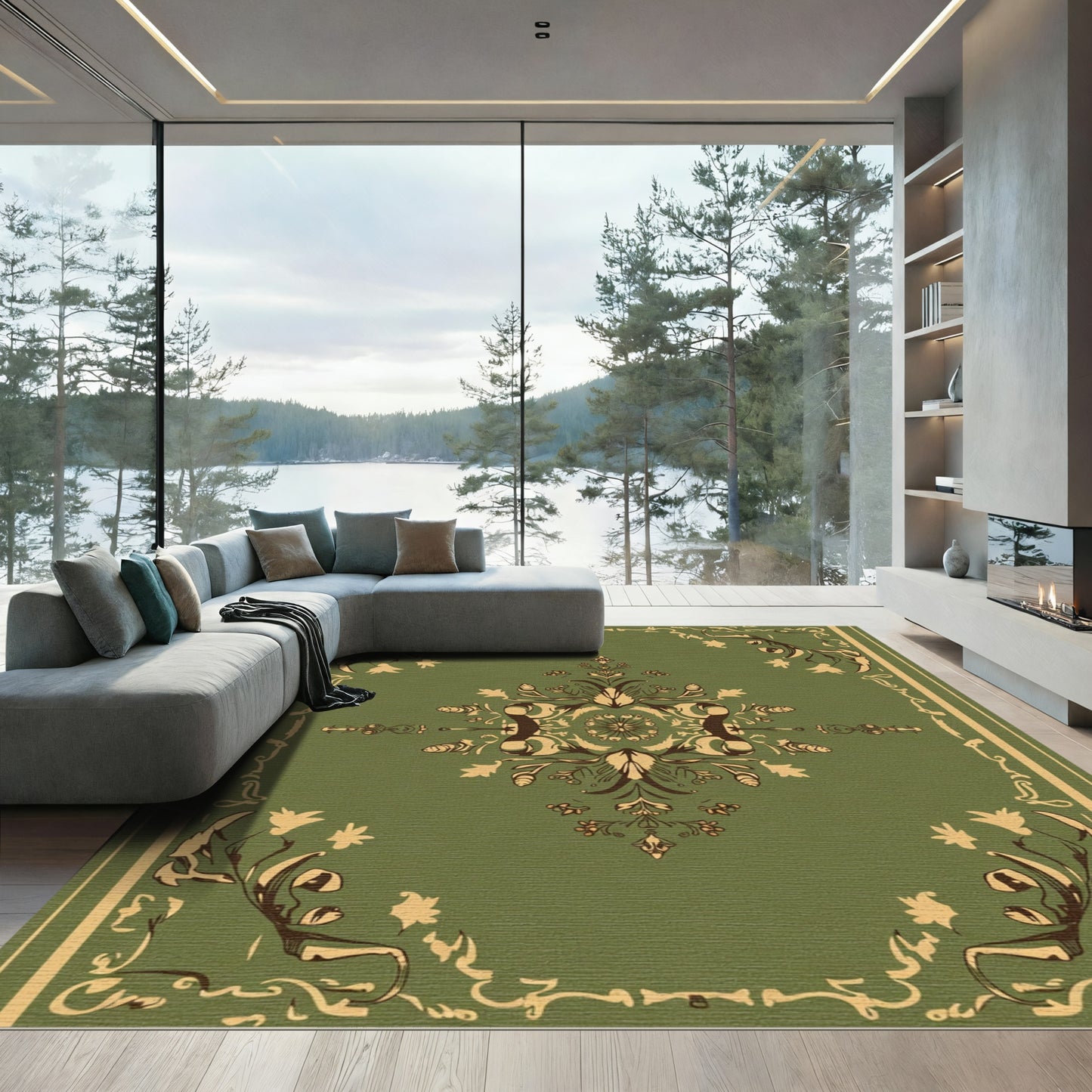 Olive Green Vintage Floral Medallion Rug