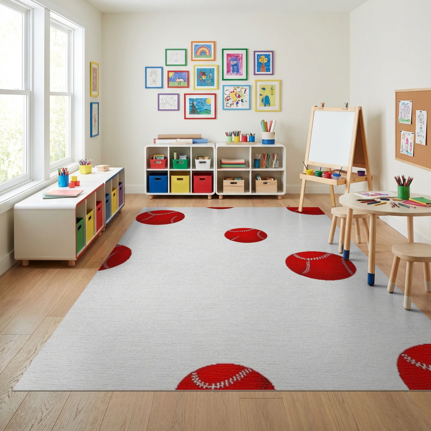 Scattered Red Stitched Baseballs Playful Rug
