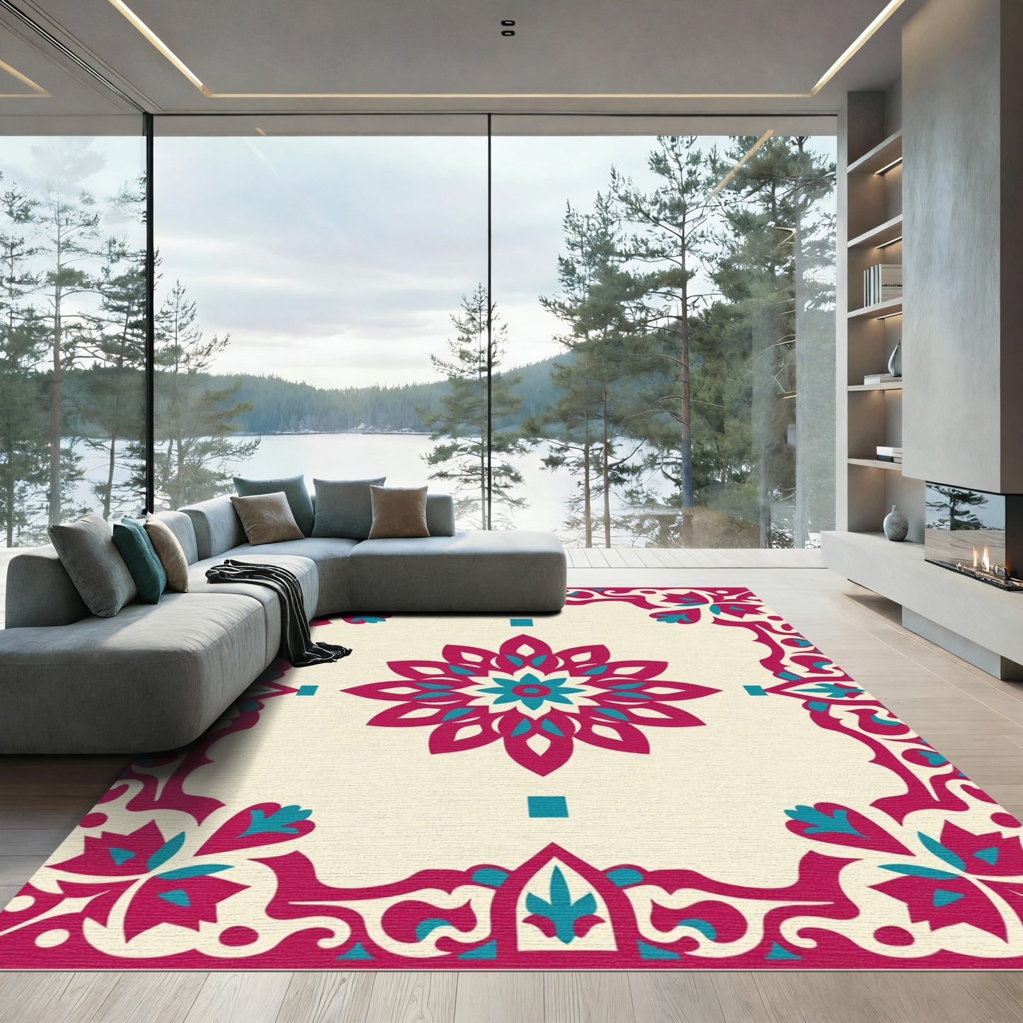 Ornate Crimson Turquoise Bloom Border Rug