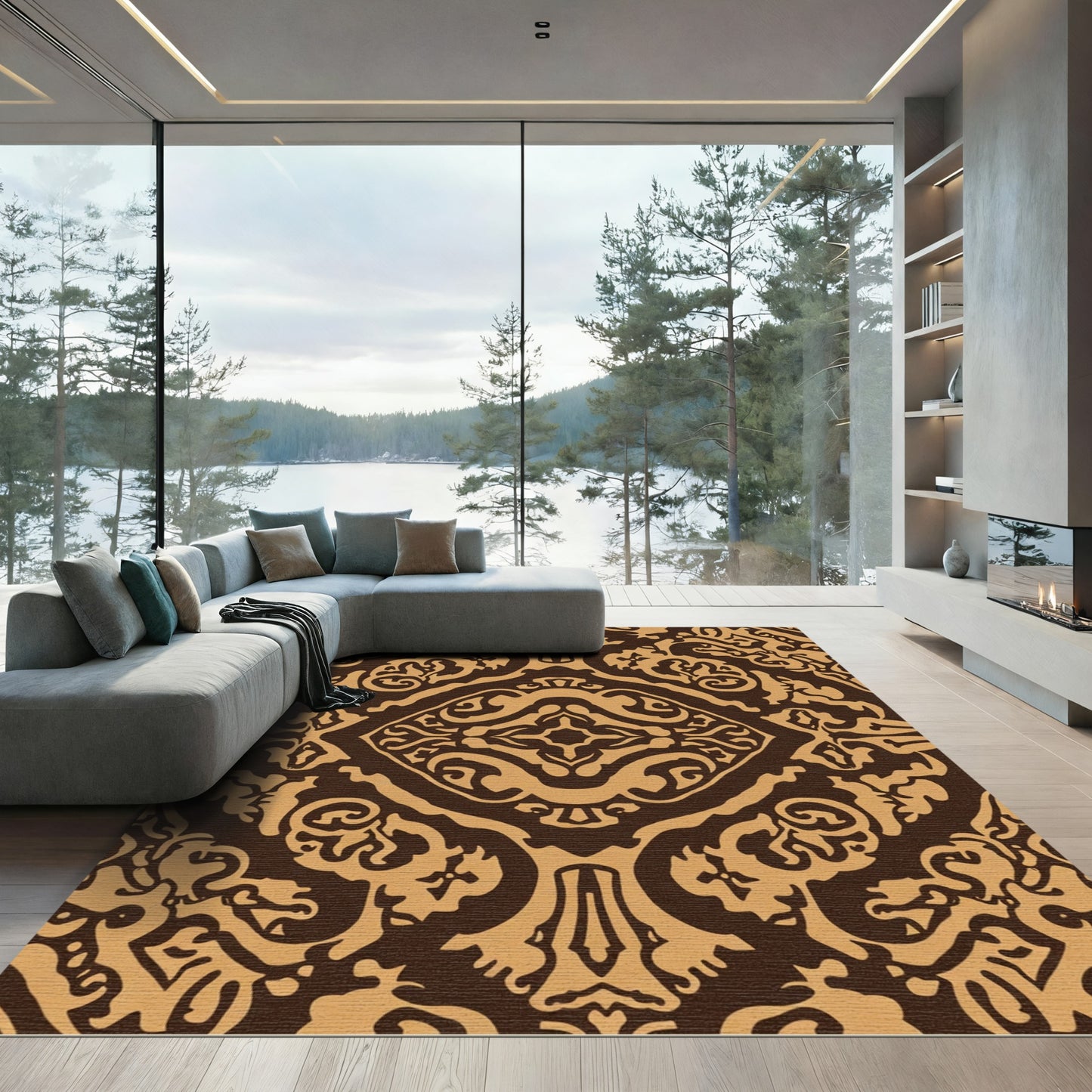 Classic Brown Ornate Damask Rug