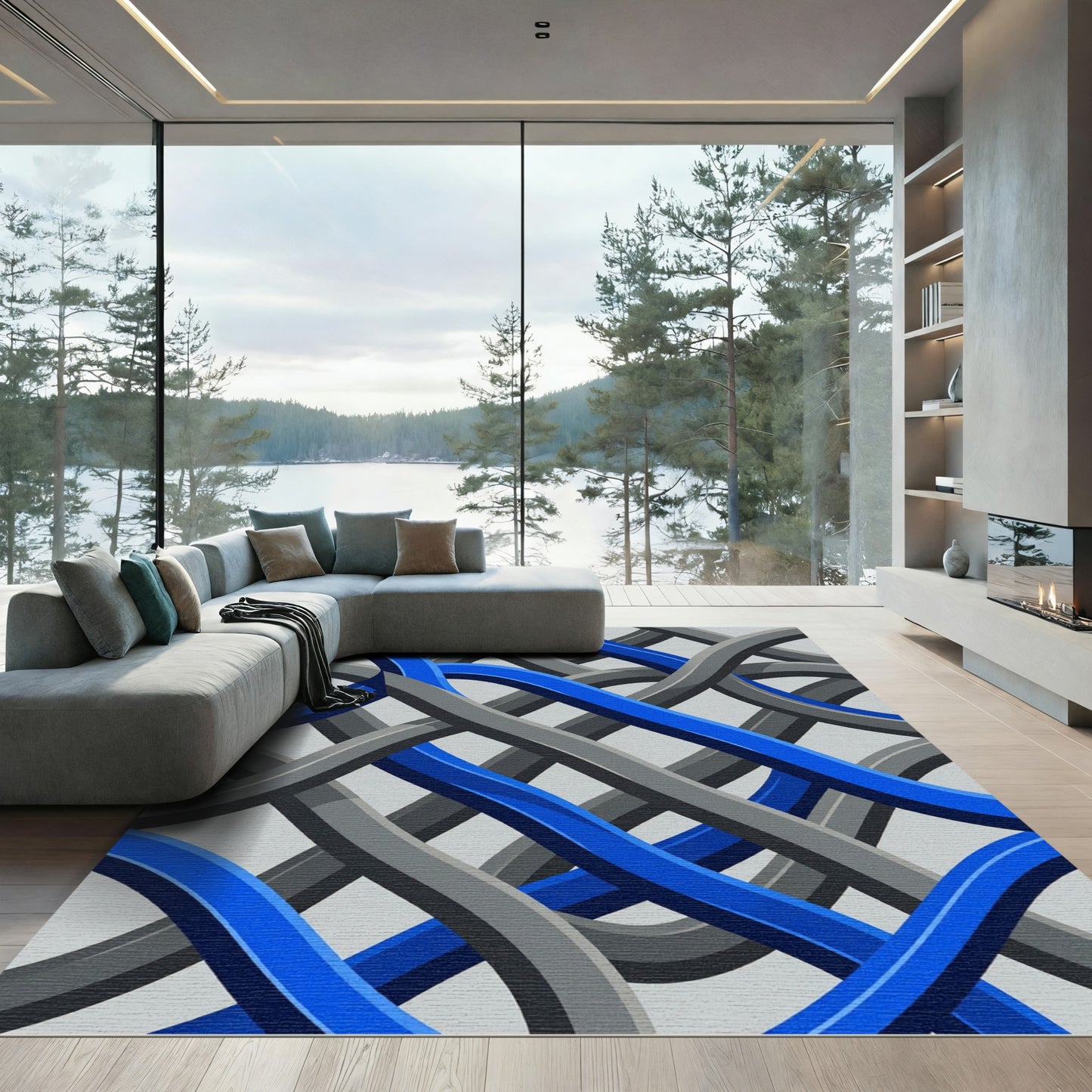 Modern Blue Gray Interwoven Abstract Waves Rug