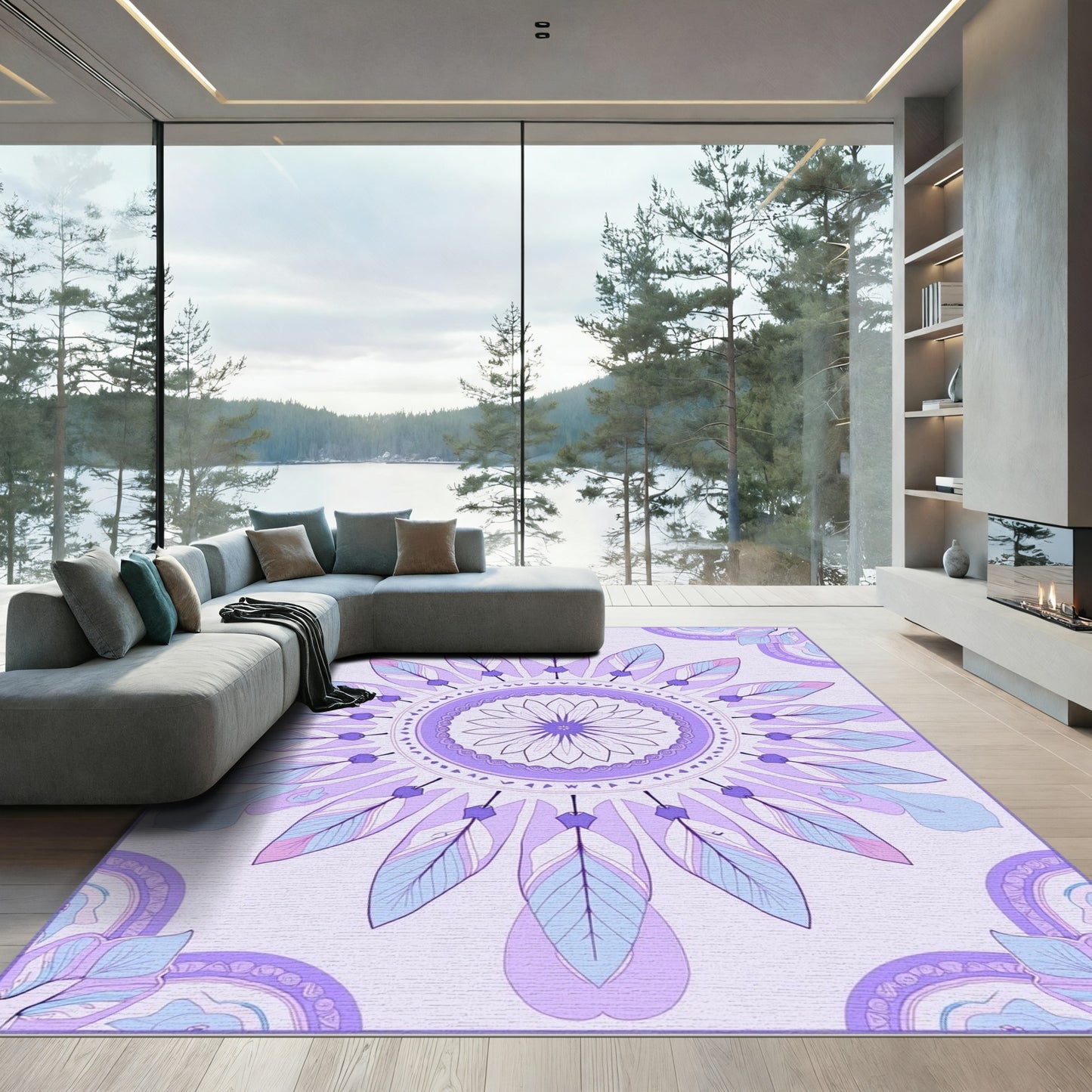 Gentle Lavender Feather Mandala Rug