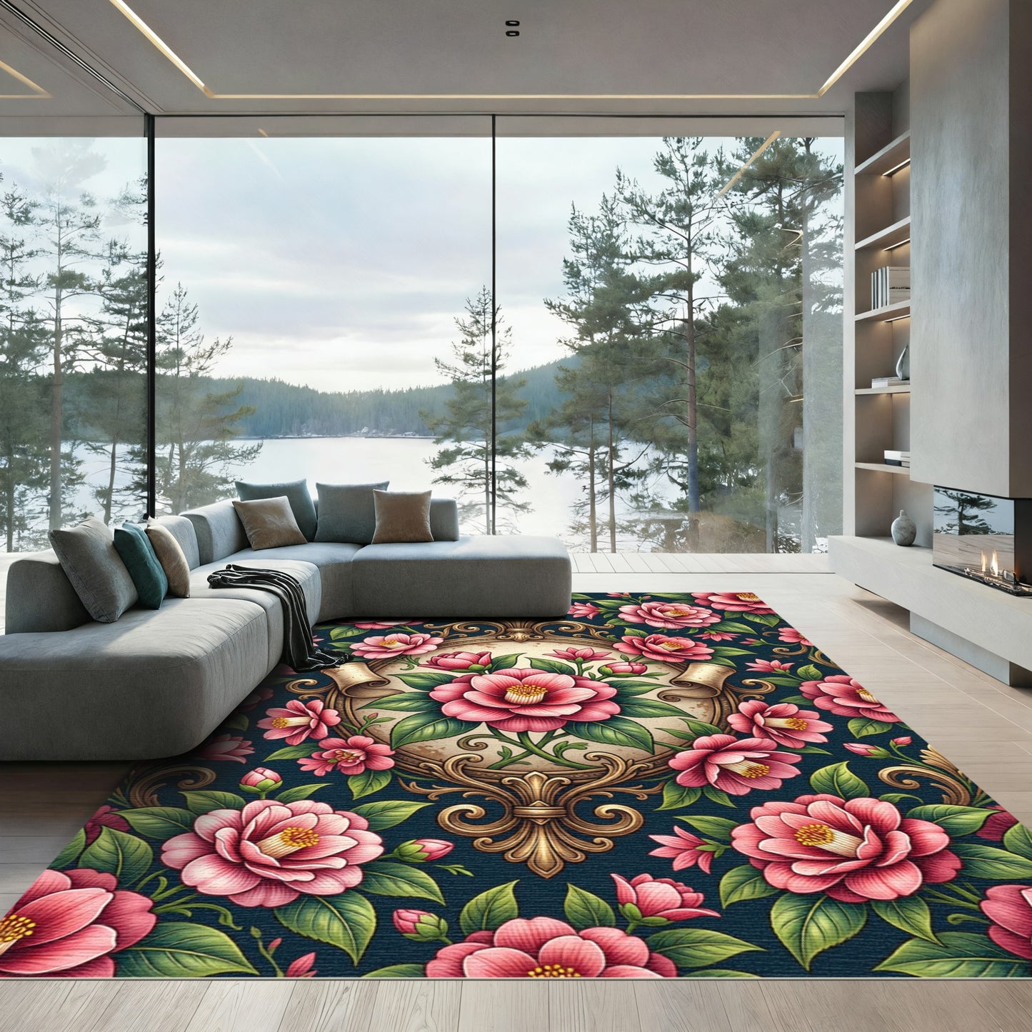 Victorian Blush Camellia Ornate Medallion Rug