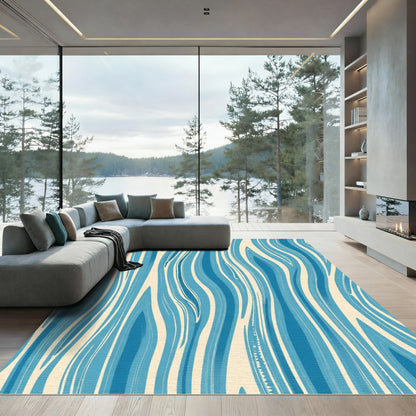 Ocean And Cream Swirl Abstract Rug