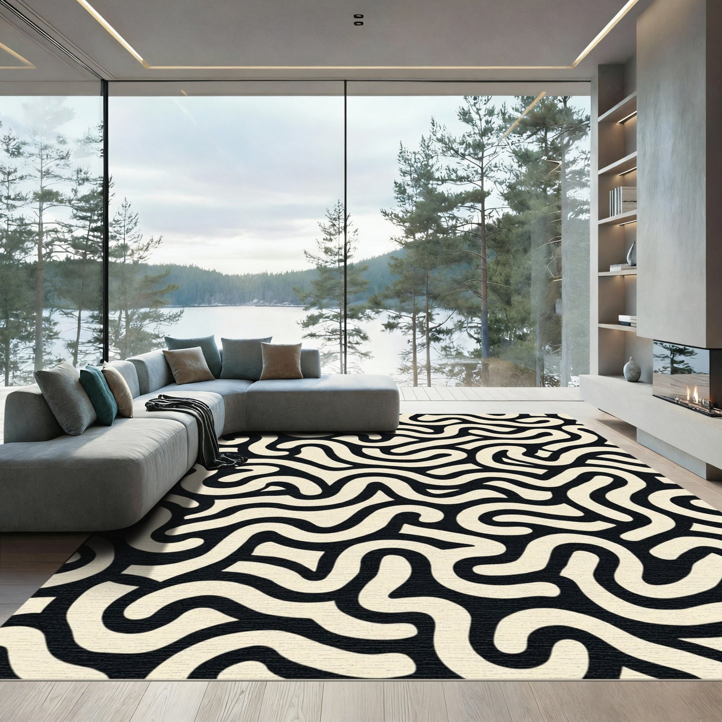 Abstract Cream Swirl Maze Rug