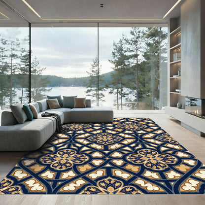 Ornate Navy Gold Quatrefoil Art Rug