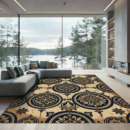Antique Navy Beige Ornate Damask Medallion Rug