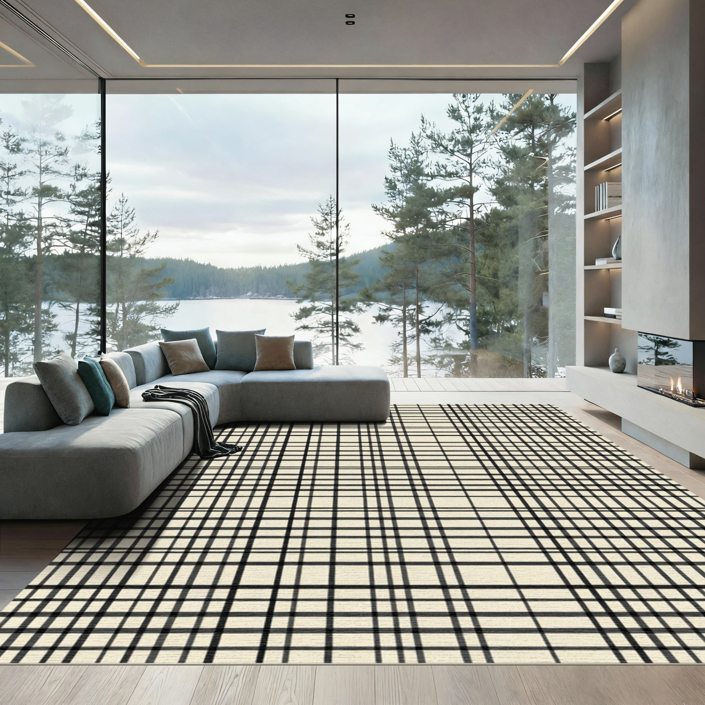 Minimalist Black Cream Grid Lines Rug