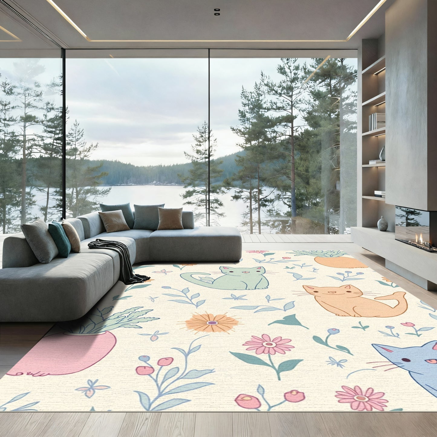 Cute Pastel Cats and Flowers Garden Rug