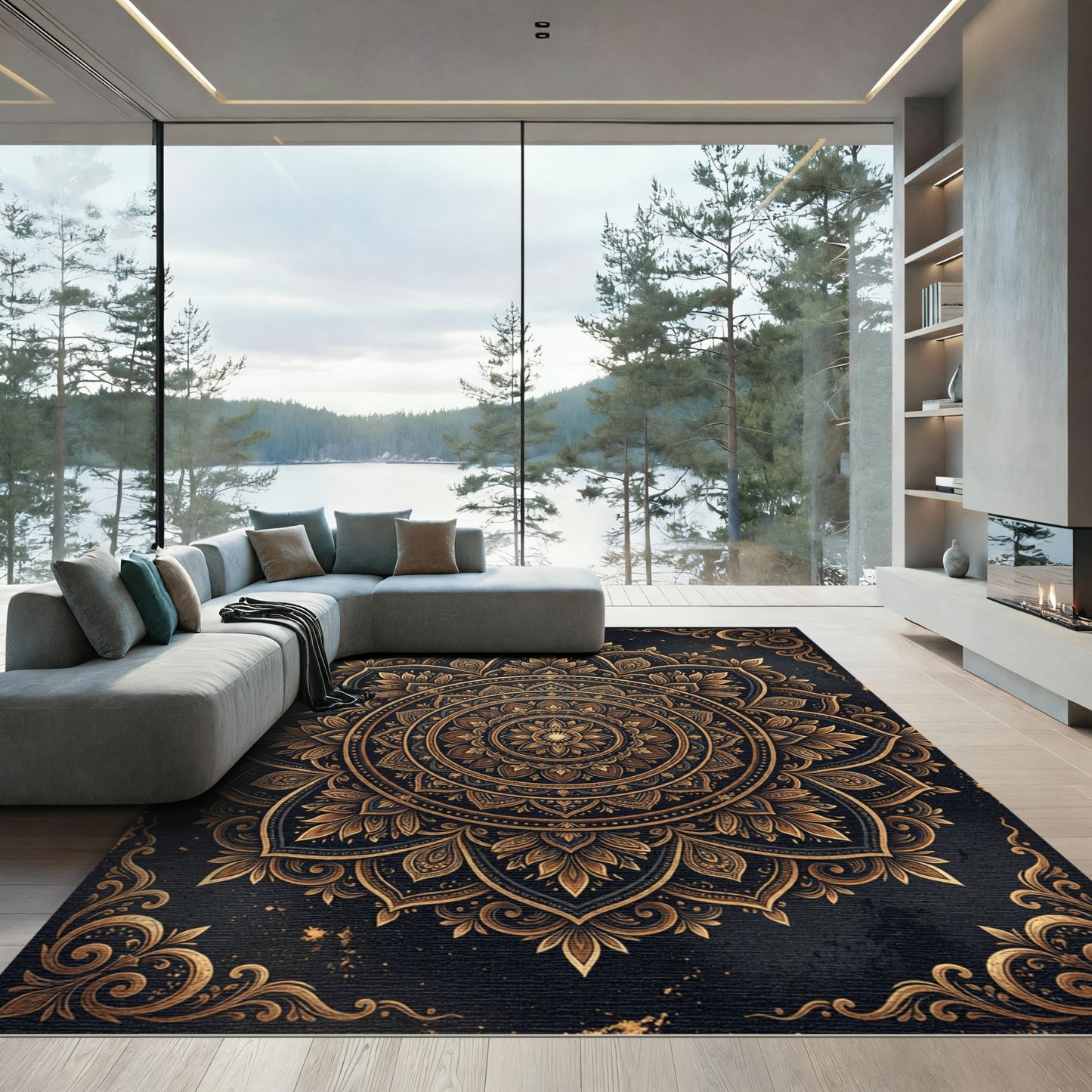 Gilded Black Intricate Floral Mandala Rug