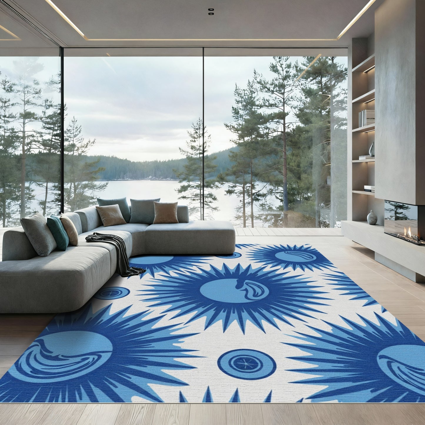 Vibrant Blue Sunburst Medallion Rug