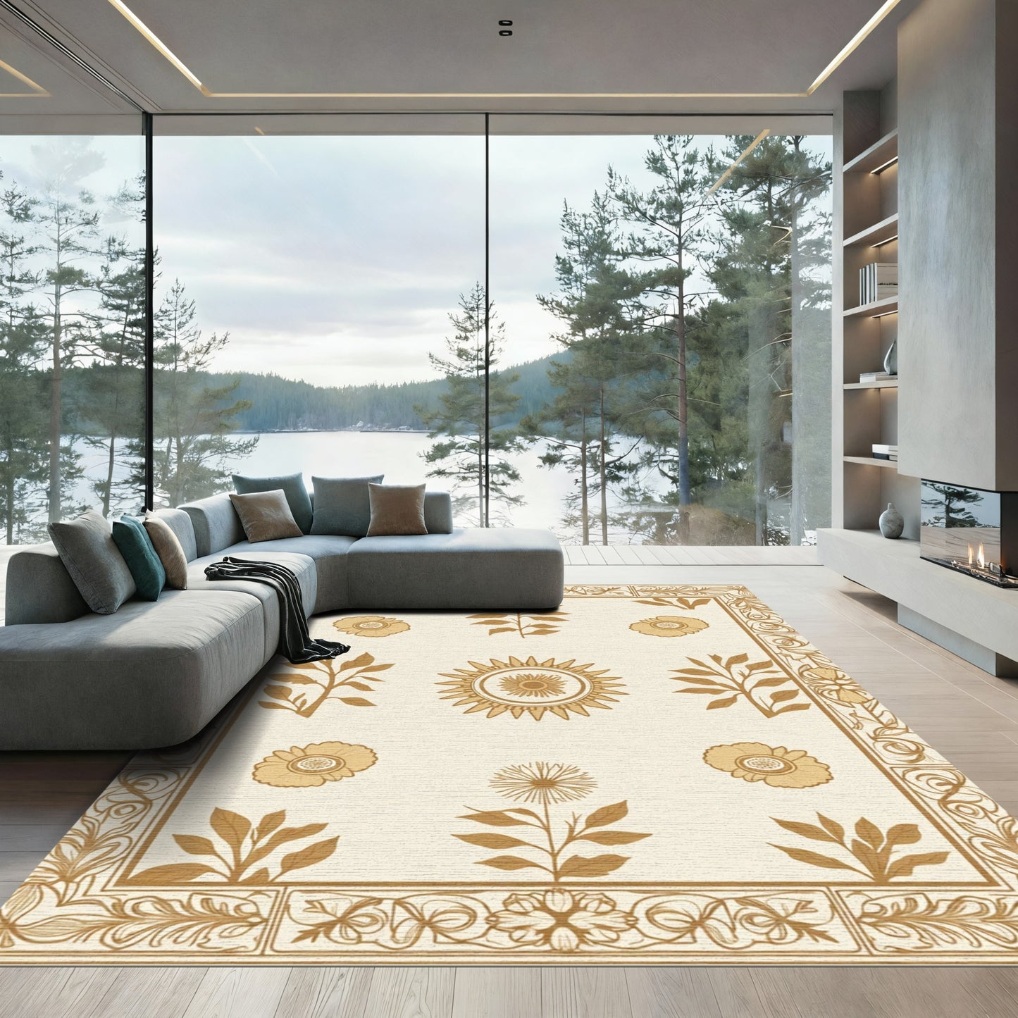 Brown Cream Botanical Art Nouveau Rug
