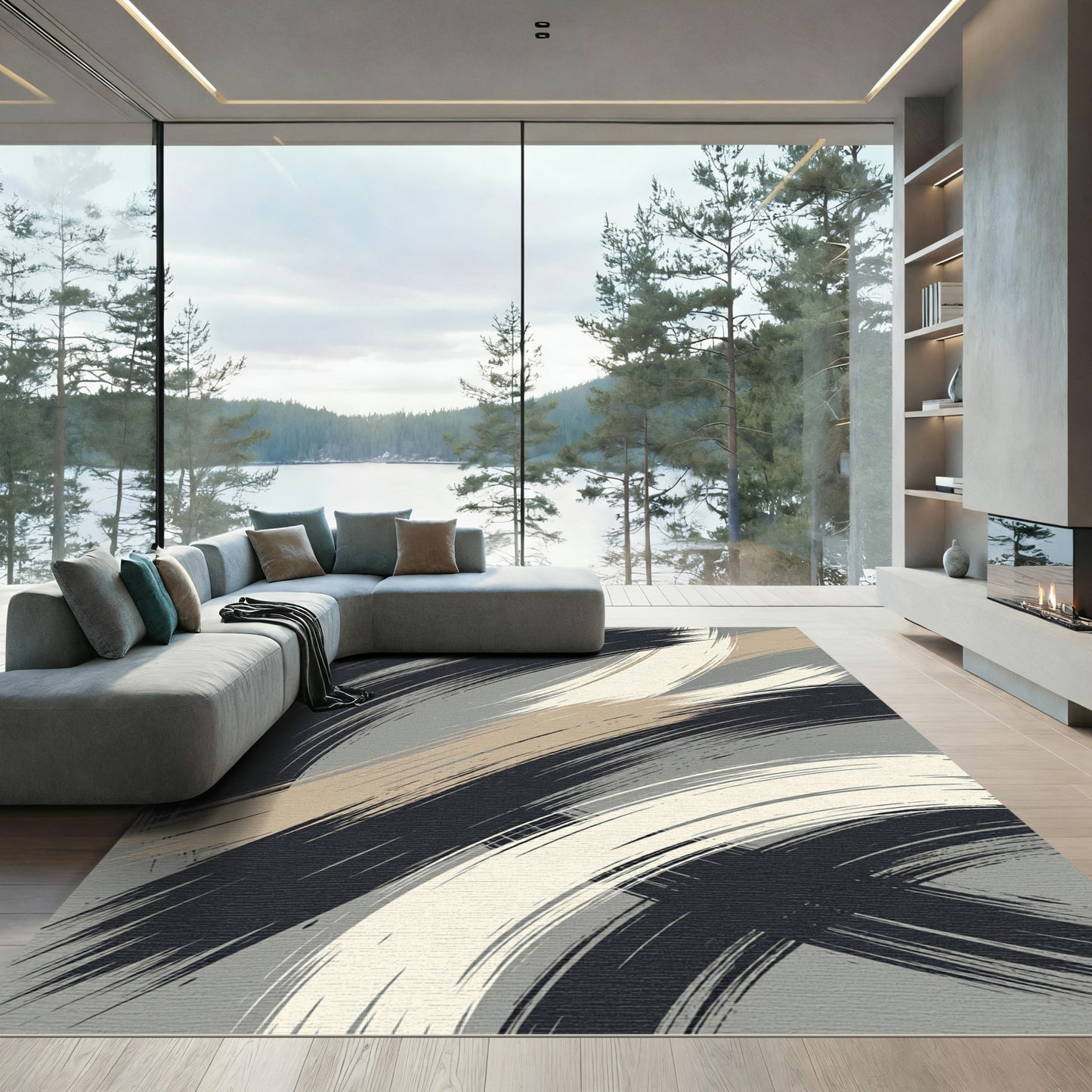 Modern Abstract Black Beige Swirl Rug