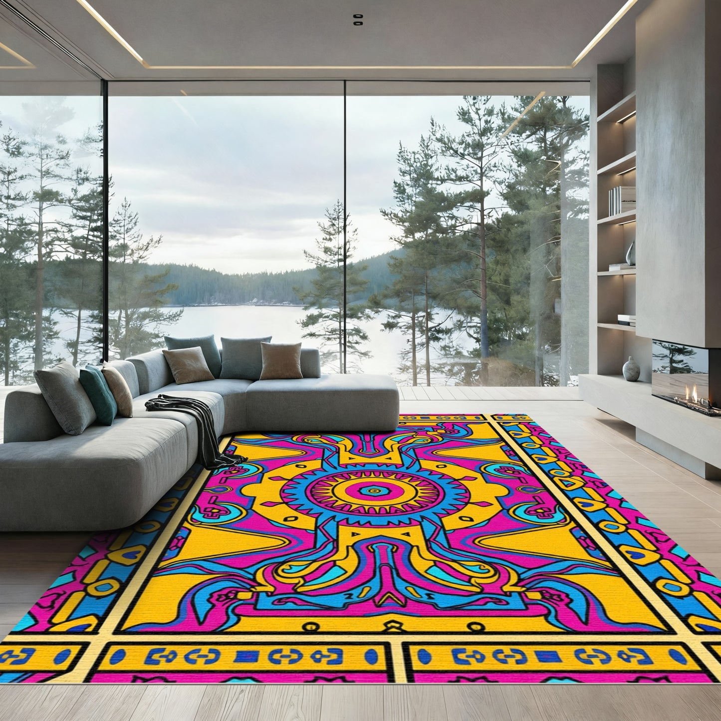 Bold Pink Blue Yellow Geometric Mandala Rug