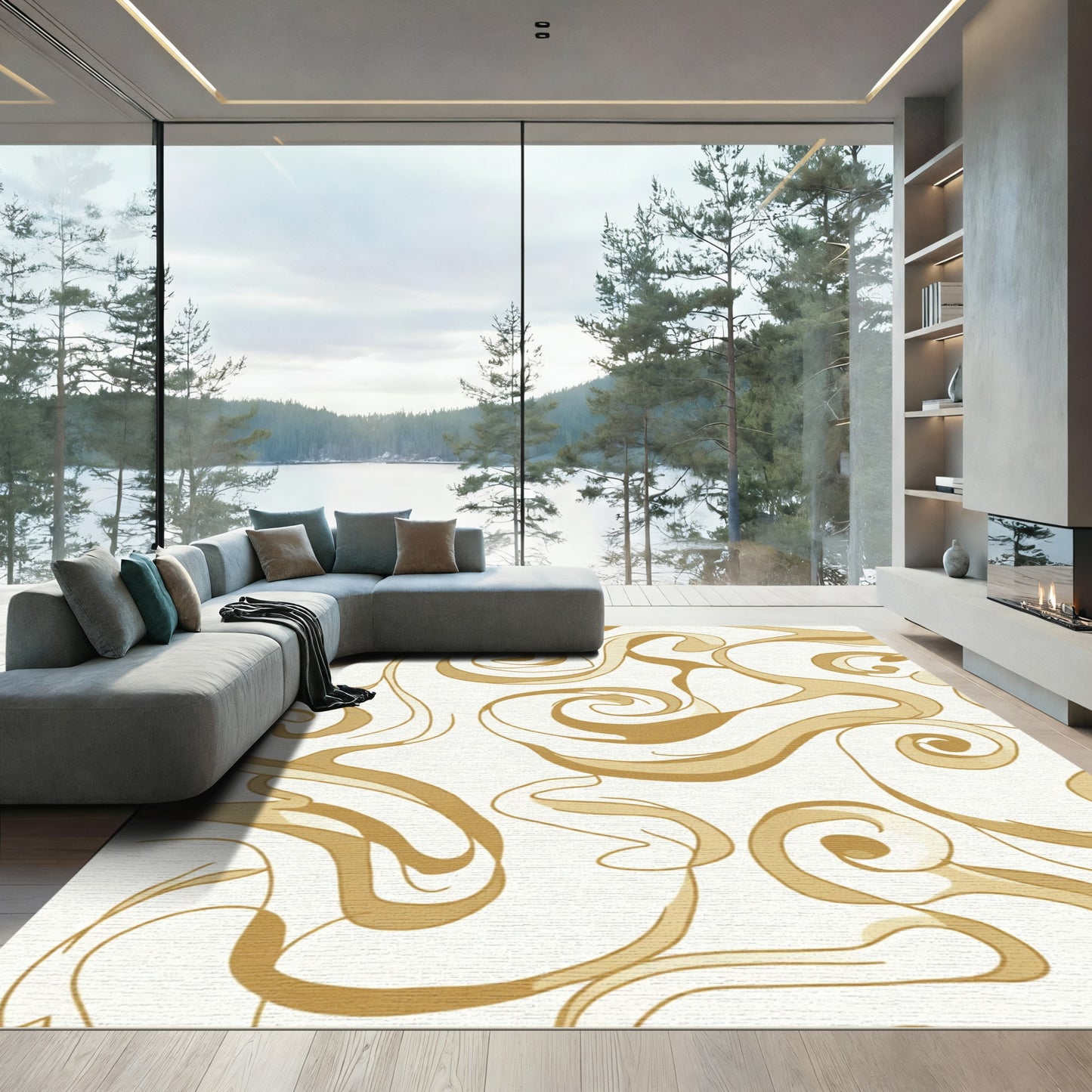 Golden Swirl Abstract Flow Rug
