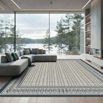 Neutral Gray Geometric Bordered Field Rug