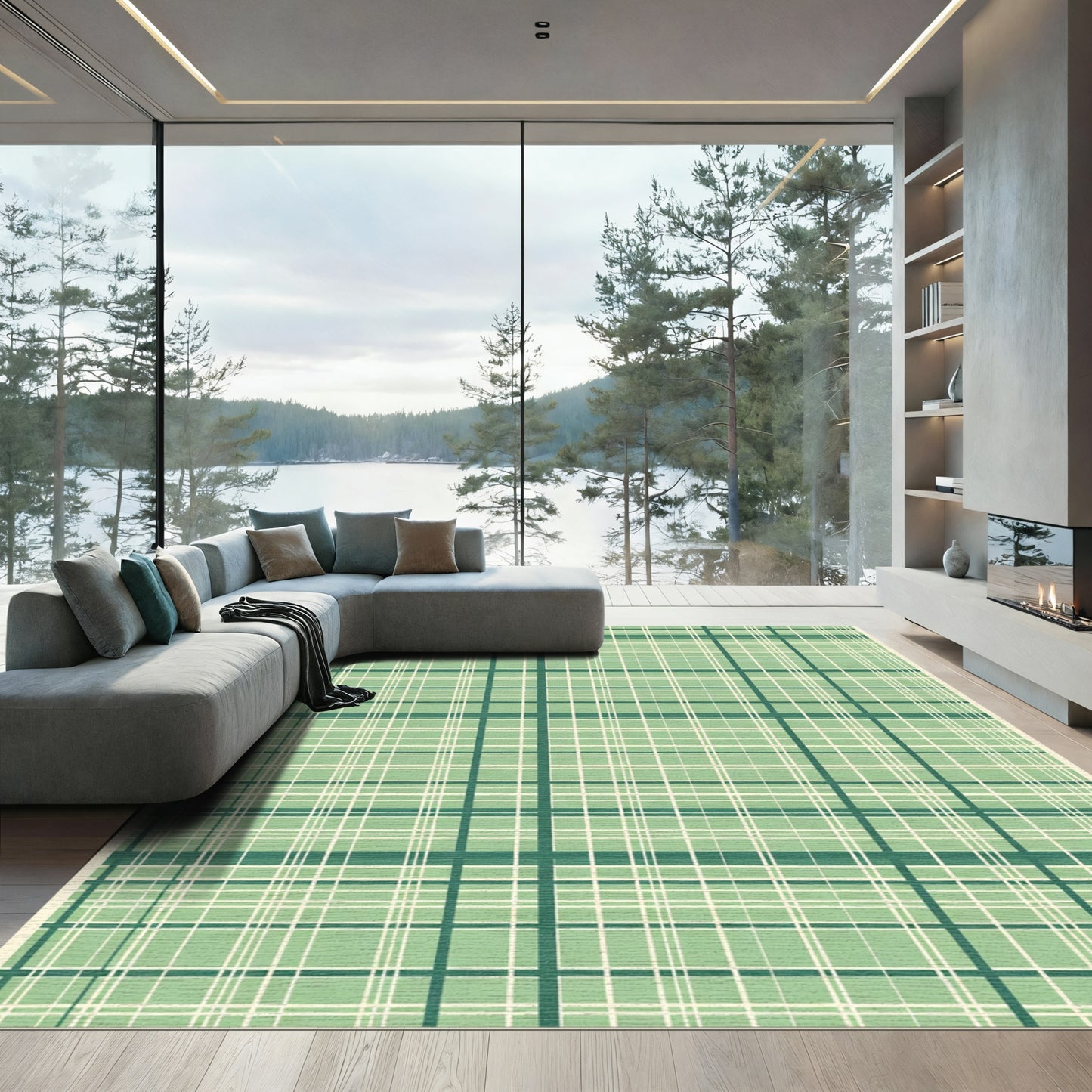 Green Cream Vertical Horizontal Plaid Rug