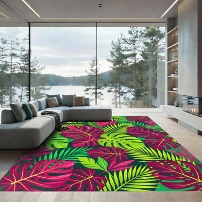 Vibrant Pink and Lime Tropical Foliage Rug