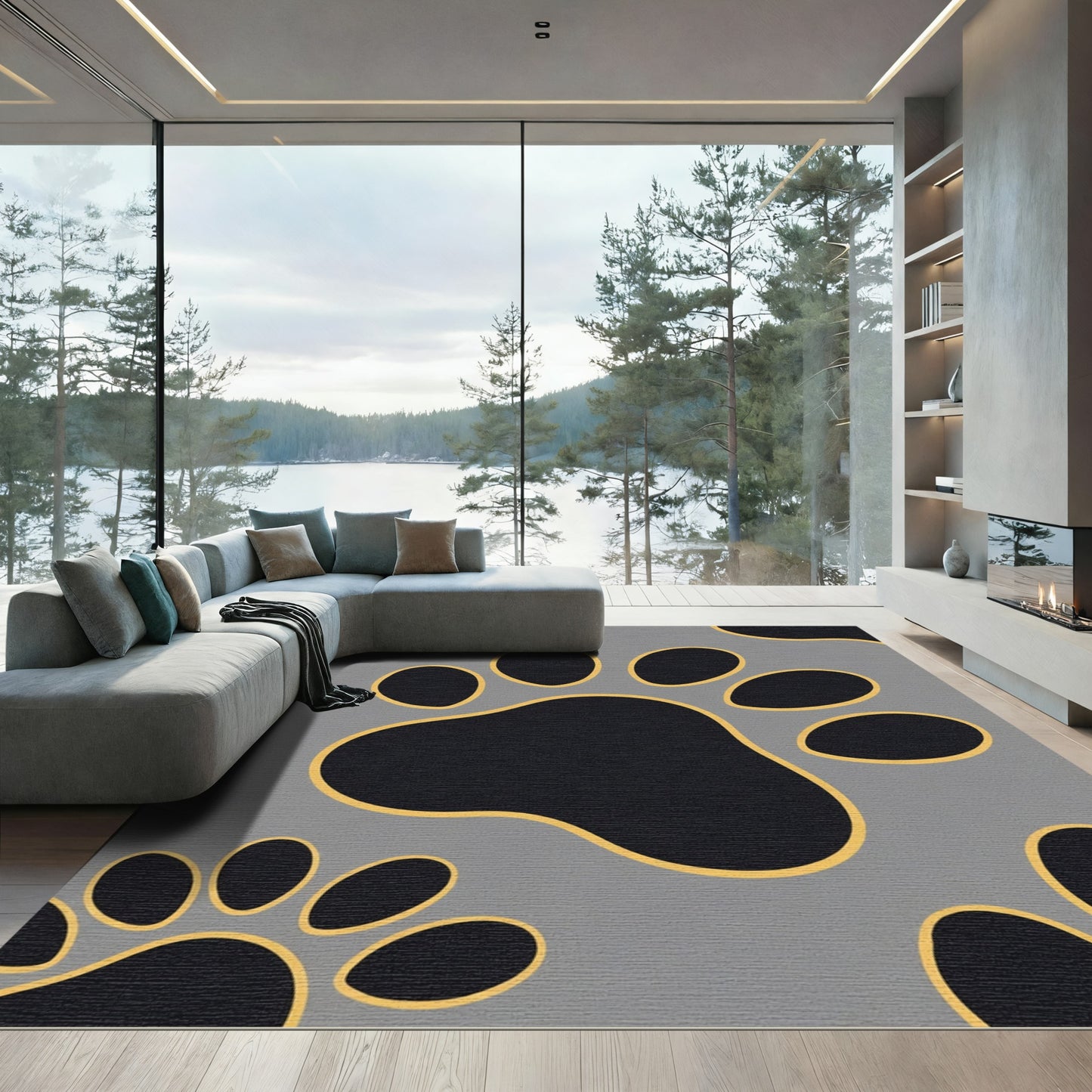 Gray Black Paw Print Outline Rug