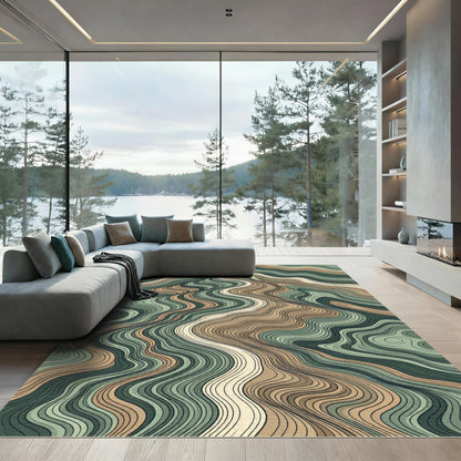 Earthy Green Wavy Mountain Peak Art Rug