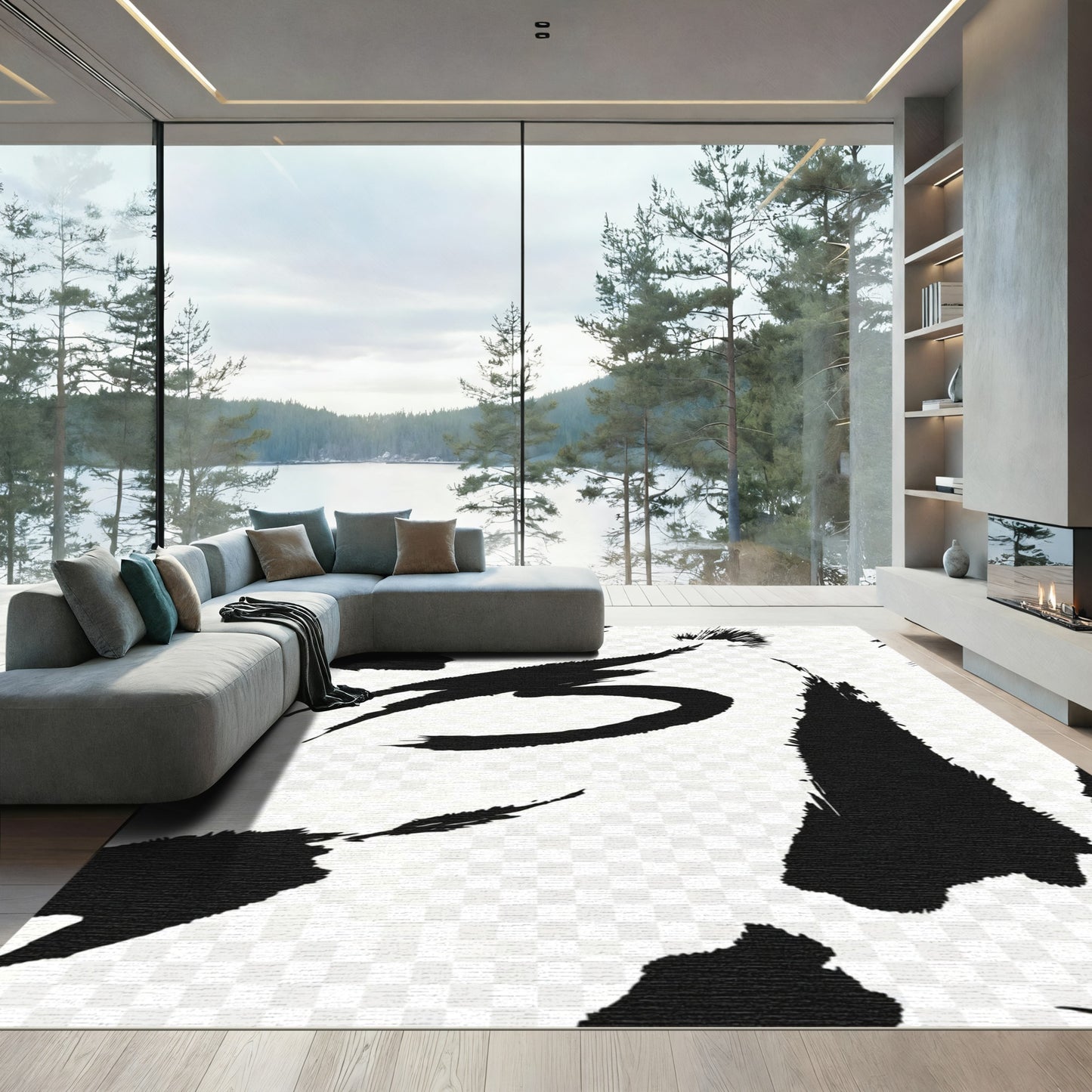 Bold Black Ink Wash Strokes Rug
