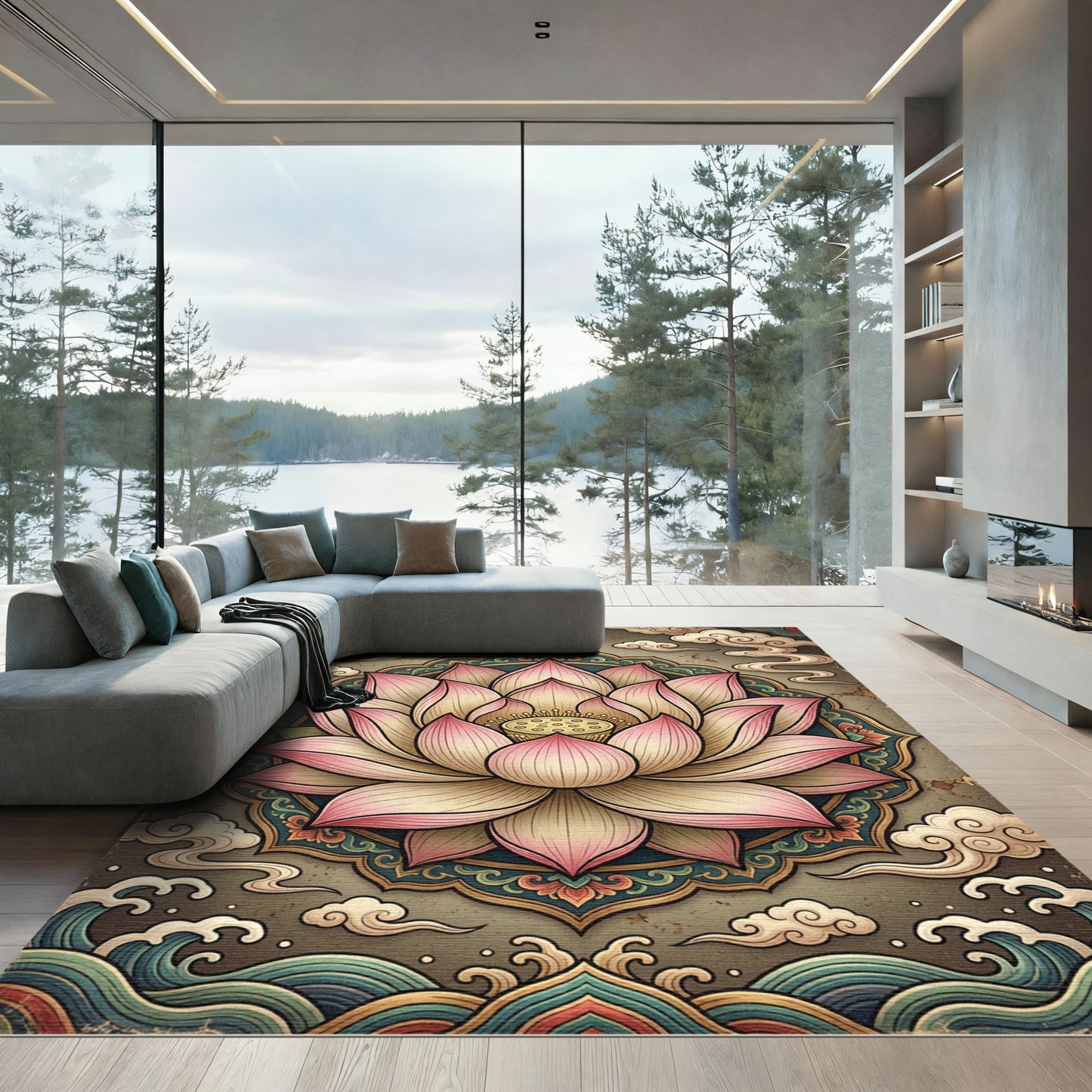 Pink Lotus Blossom Detailed Mandala Rug