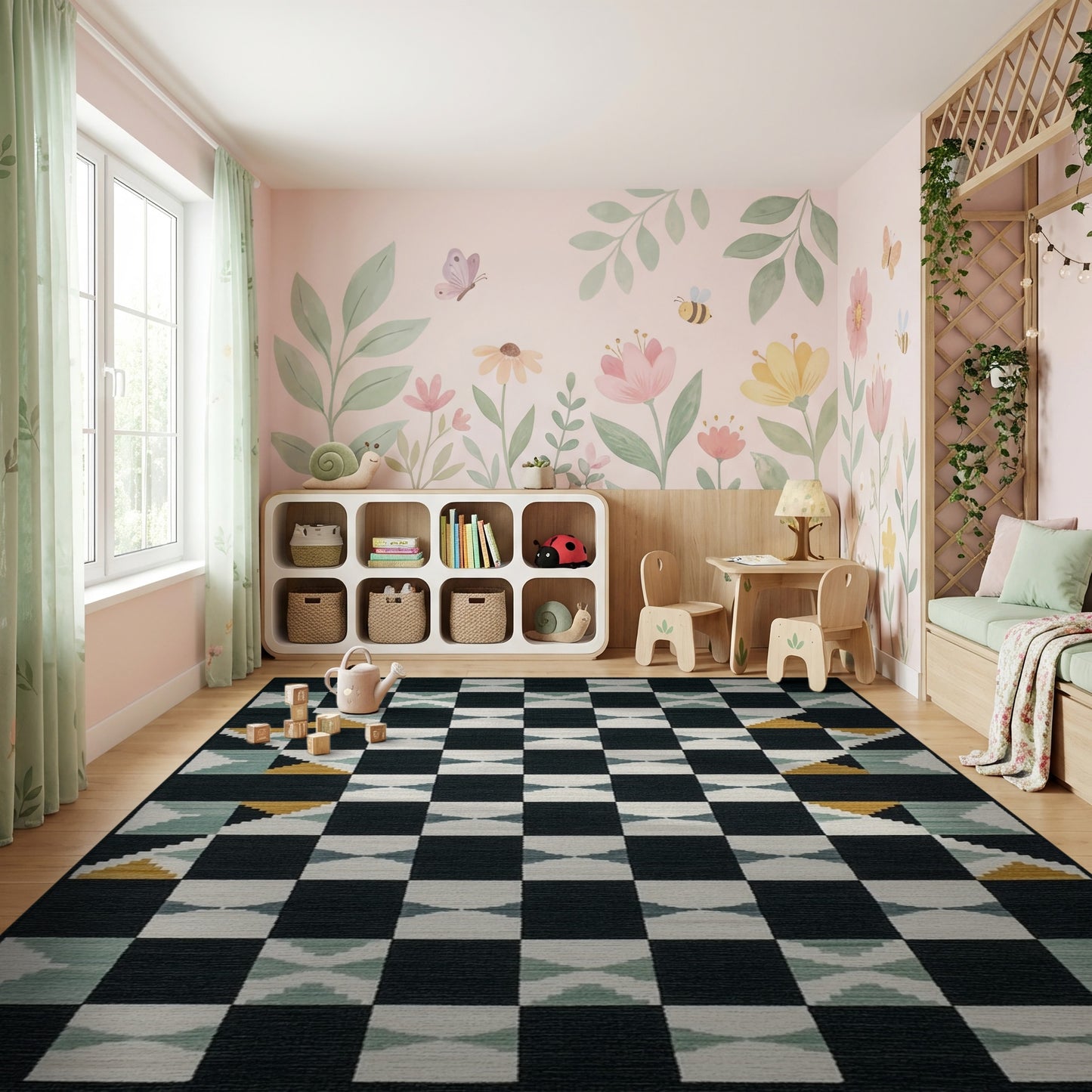 Modern Black Teal Geometric Diamond Rug