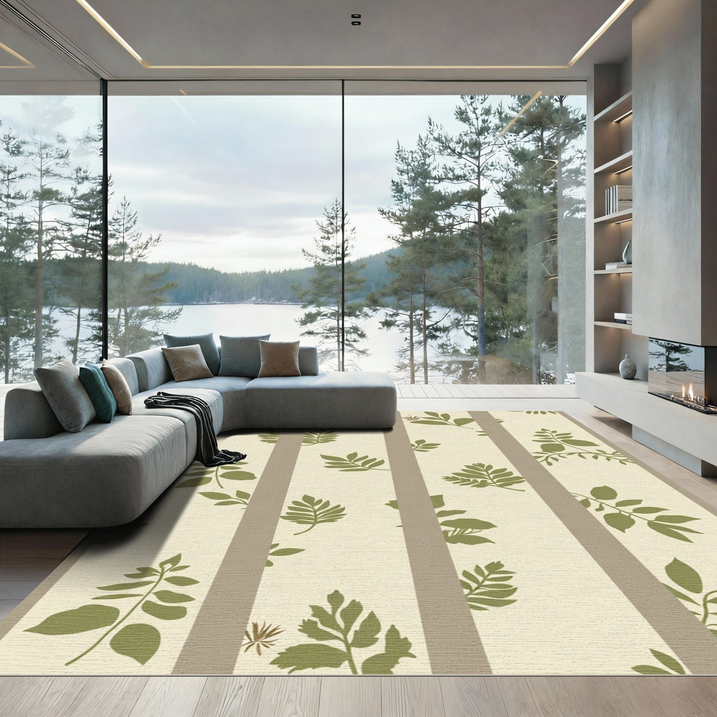 Olive Green Leafy Stripes Rug