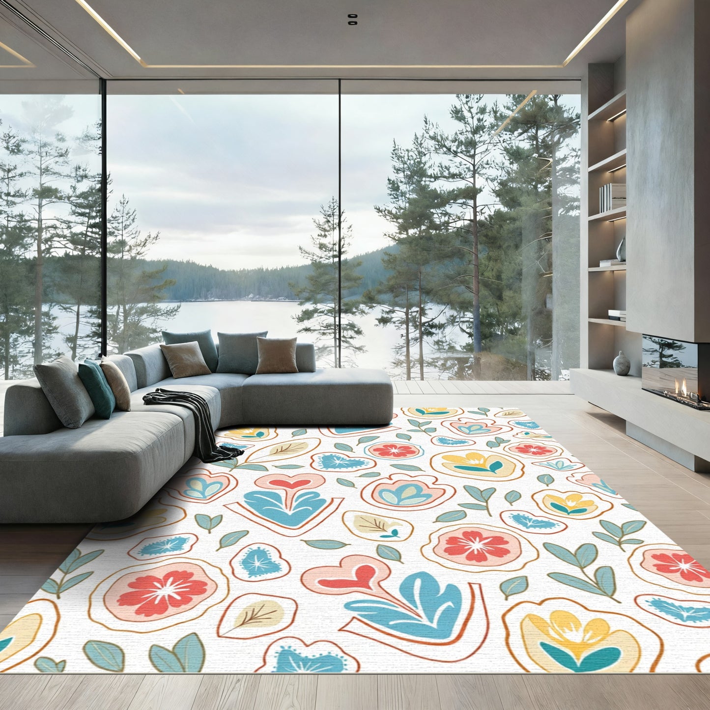 Coral Blue Abstract Floral Meadow Rug