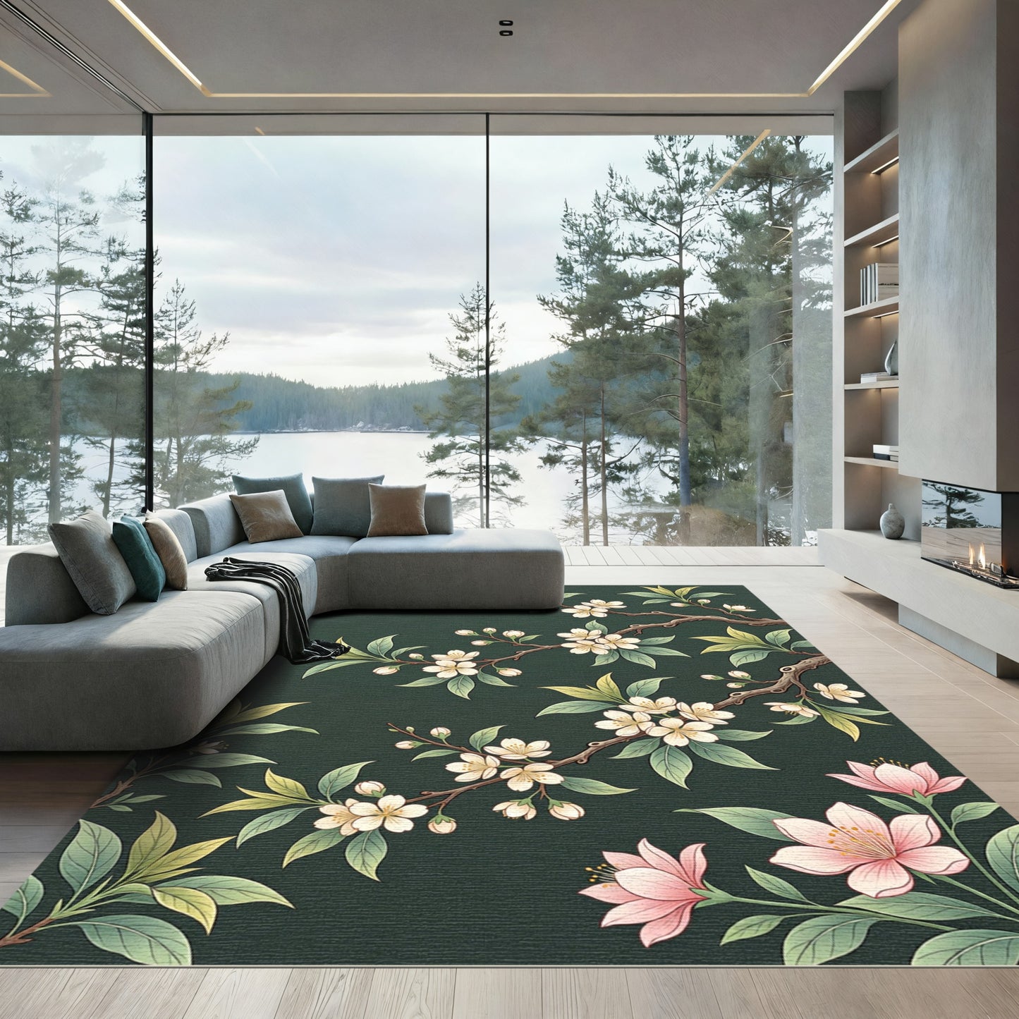 Delicate White Flower Branch Ensemble Rug