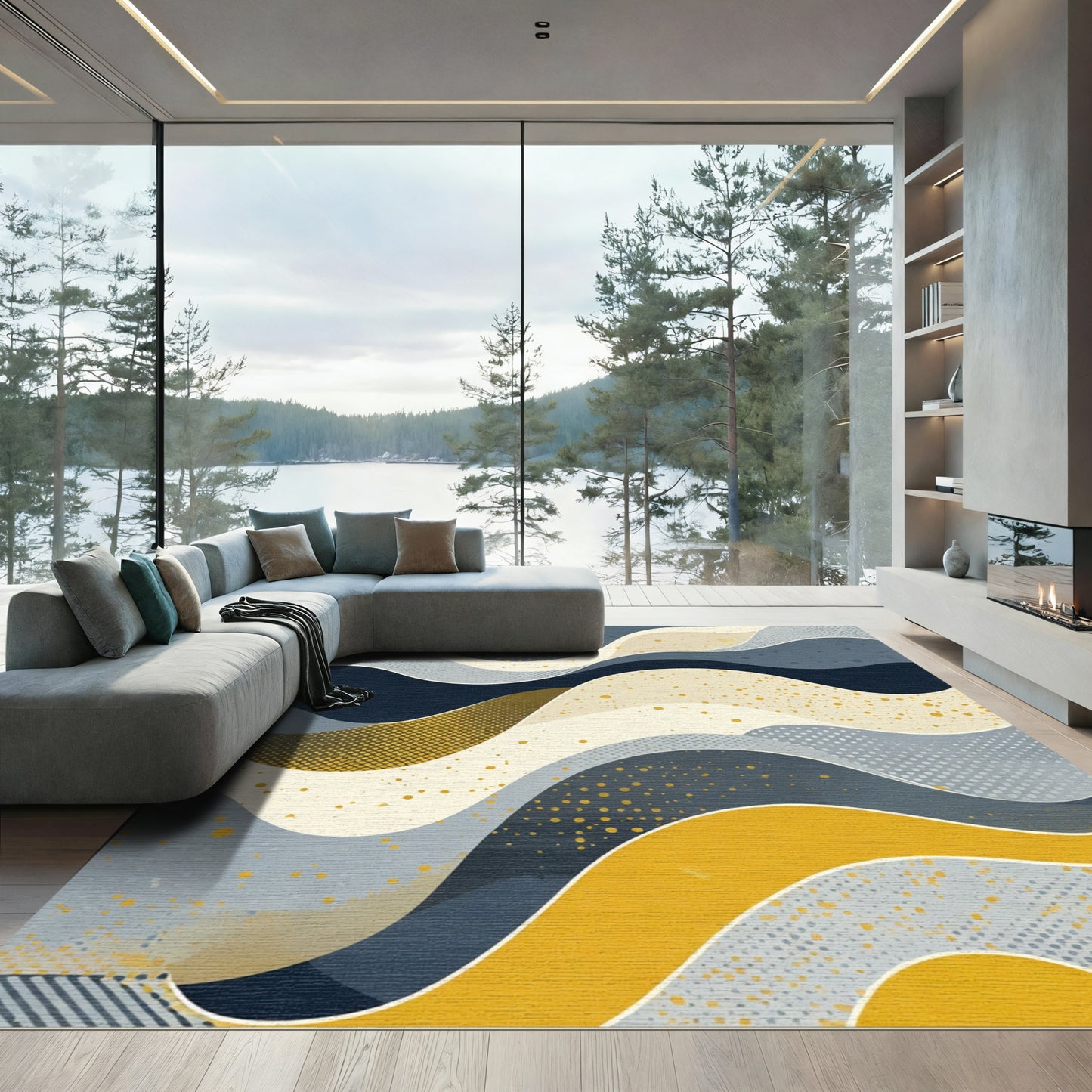 Abstract Gold Flecked Wave Curves Rug