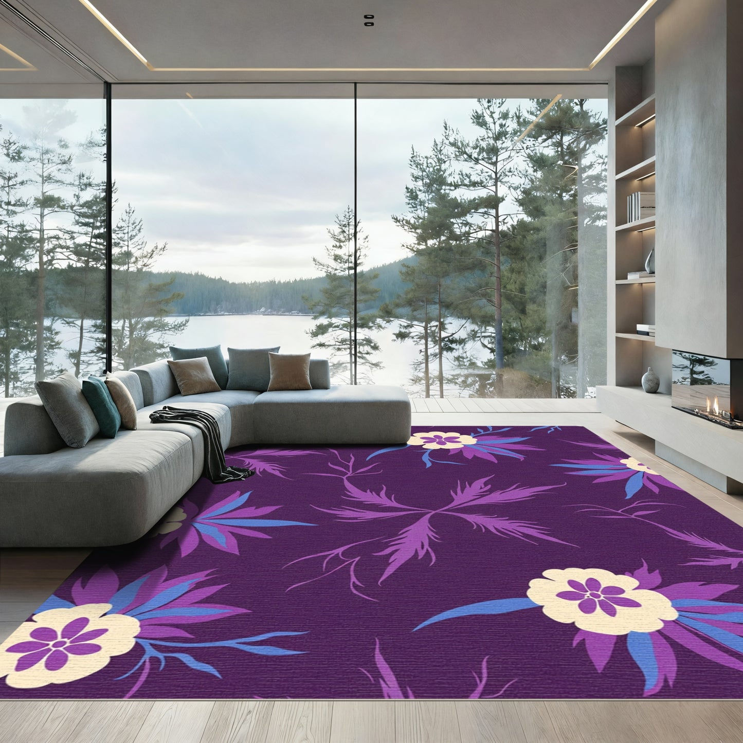 Dark Purple Cream Floral Arrangement Rug