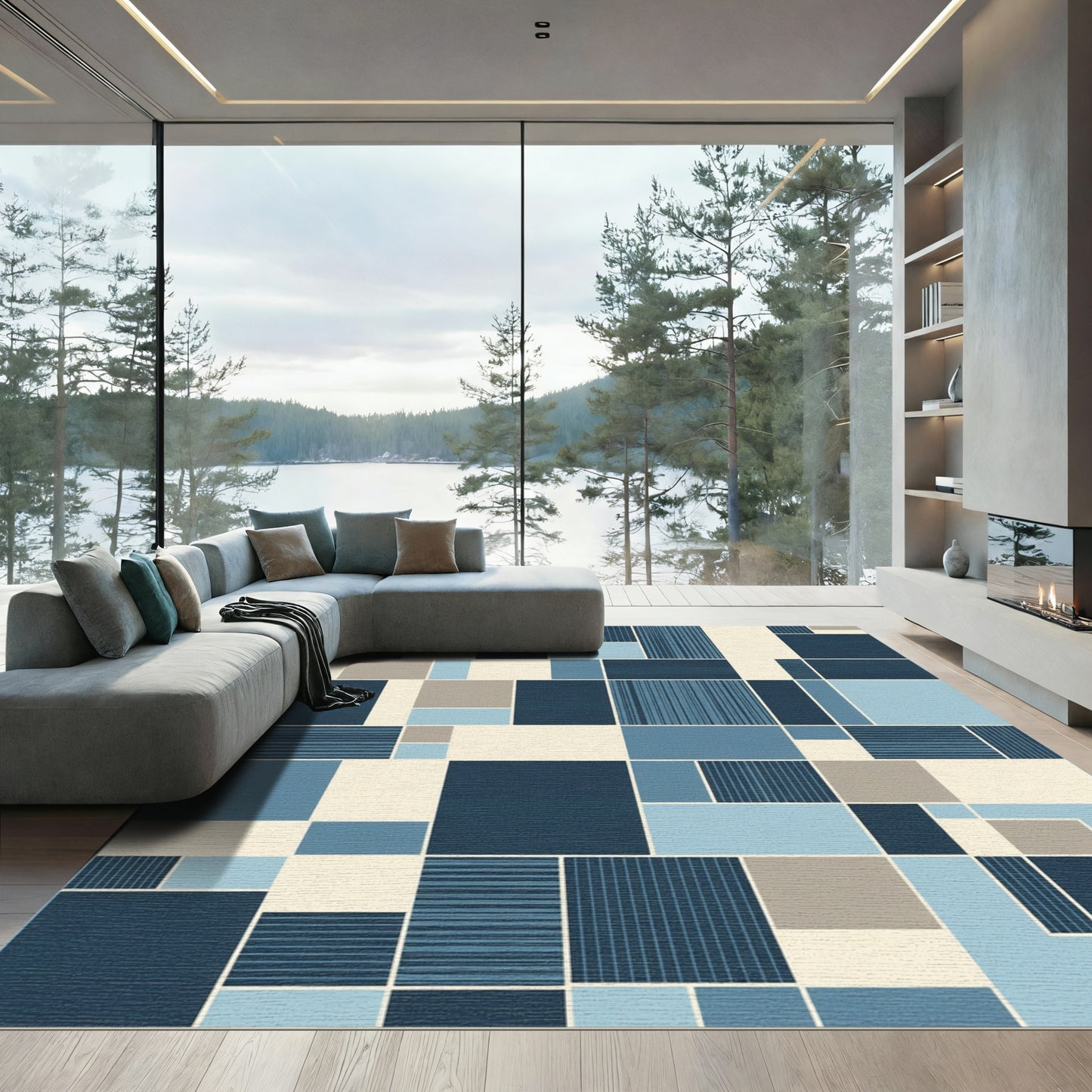 Geometric Blue Beige Block Patchwork Rug