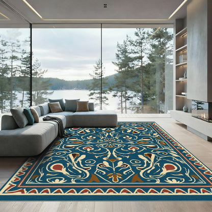 Deep Blue Floral Medallion Cream Border Rug